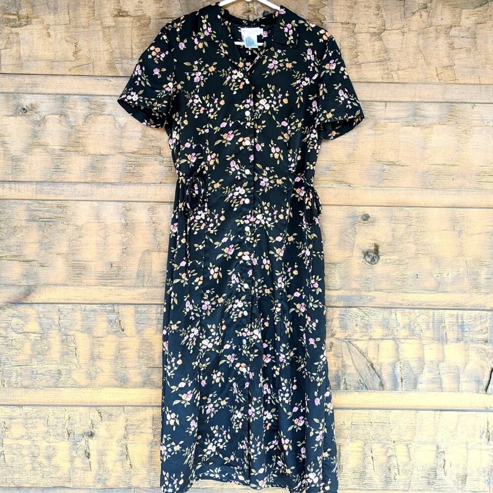 Vintage Miss Dorby Dress Women's Size 12p Black Floral 90s